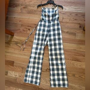 Green plaid open back jumpsuit